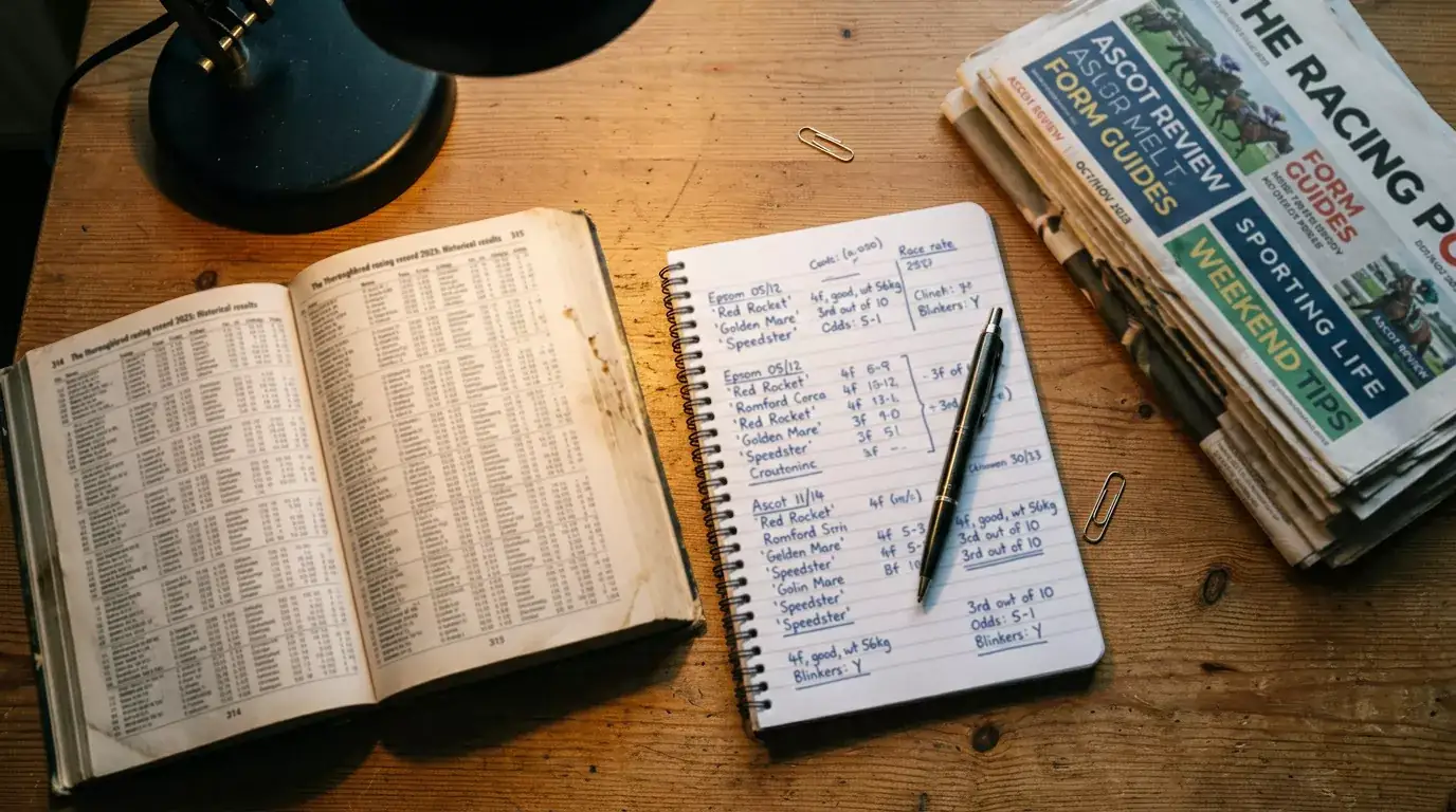Horse racing form guide and betting strategy notes spread across a desk with a notebook and pen
