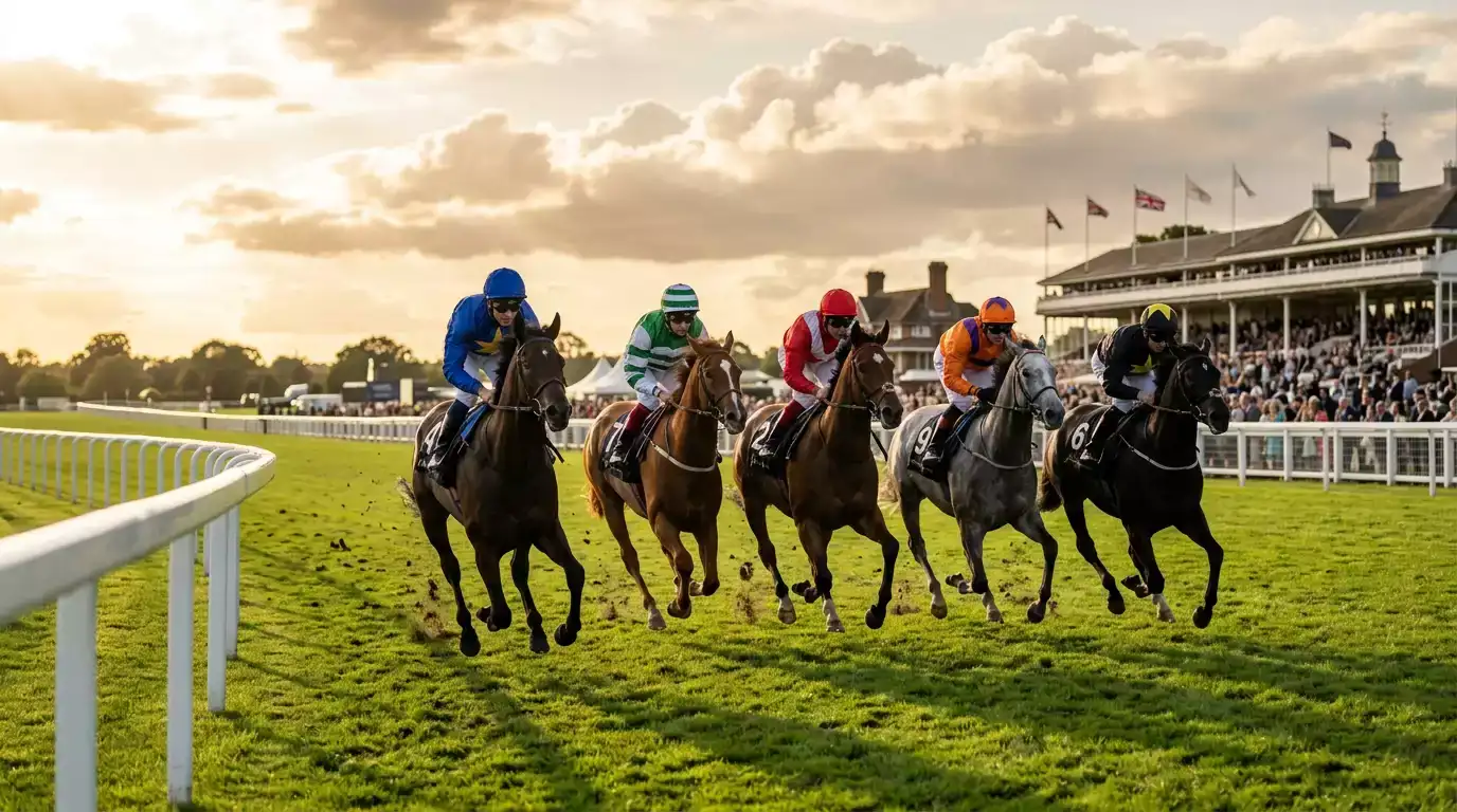 Horse racing betting UK guide — thoroughbreds racing on turf at a British racecourse